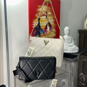 2 Valentino Orlandi Quilted Black and Cream Vegan Leather Shoulder Bags NWT